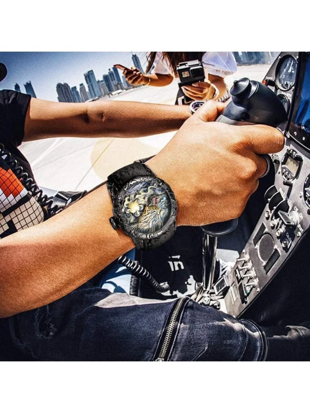 Mens Black Fashion Analog Quartz Big Dial 3D Sculpture Dragon Luxury Wrist Watch